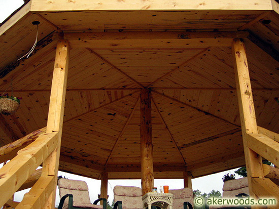 Gazebo constructed with ponderosa pine hand-peeled D logs and ponderosa paneling on the ceiling